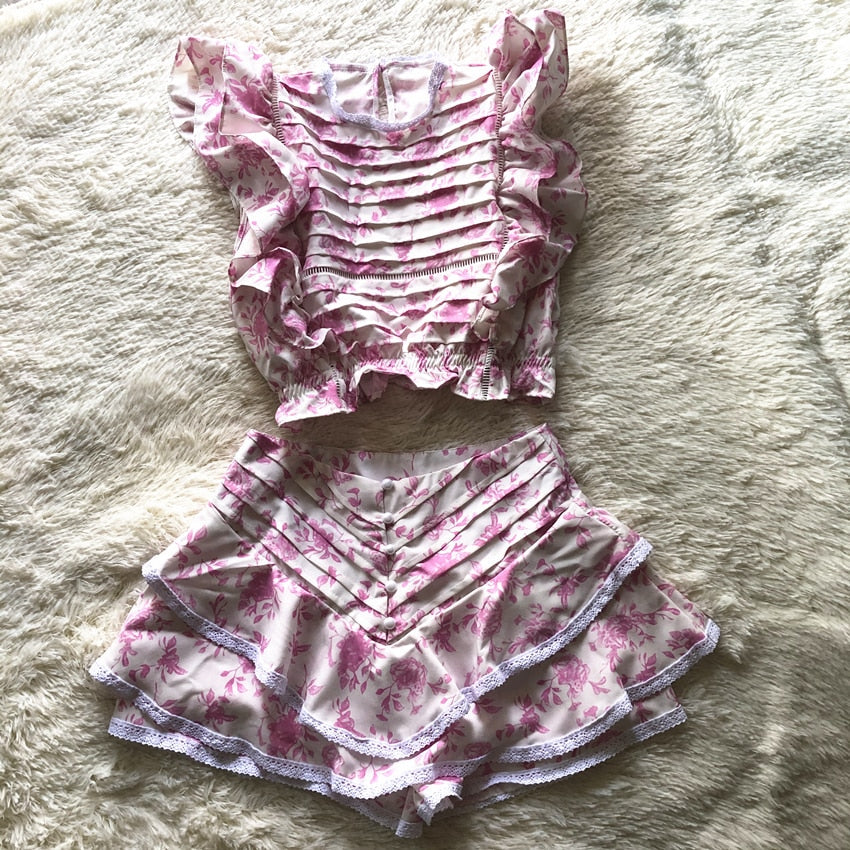 Pydshop High Quality 2023 Sunday Set elastic waistband Cropped top with ruffle detail and cute ruffle mini shorts skirts