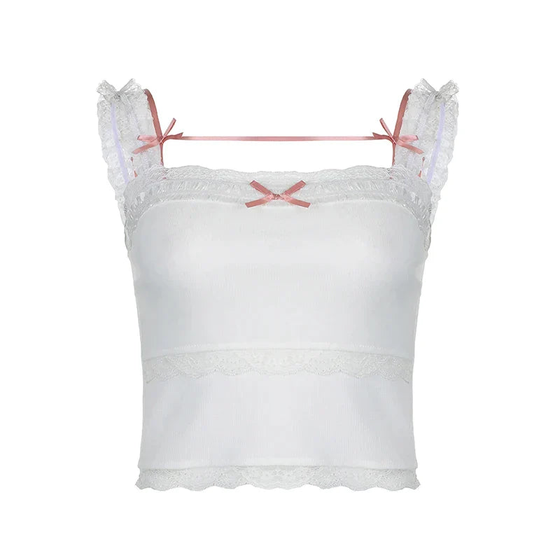 Pydshop 2024 Fashion Woman tops y2k style Sweet White Bow Crop Lace Patched Top