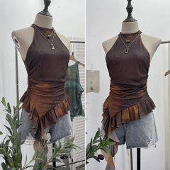 Pydshop Women Retro Mesh Half Turtle Collar Ruffled Ribbon Tank Top Sexy Hot Girl Tie Dye Printed Sleeveless Cropped Top Streetwear 9969