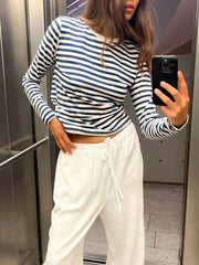 Pydshop Autumn Women Striped Long Sleeve Crop Top Casual Basic Tee Slim Fitted Crew Neck Pullover Tight Shirts Streetwear