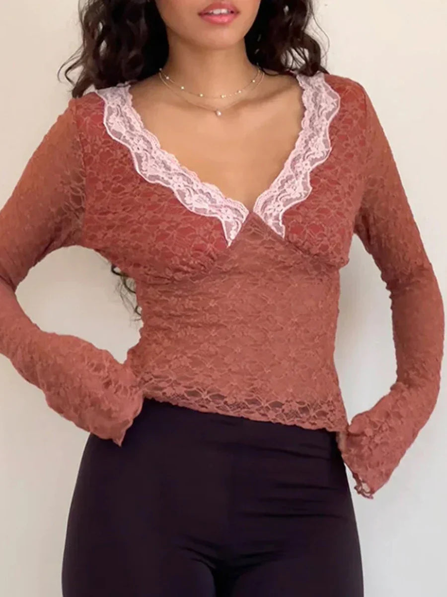 Pydshop Women  Spring Fall Lace Top Mesh See Through Long Sleeve Crop Tops Sexy Sheer Deep V Neck Floral Lace Shirt Blouse Y2K Fairy