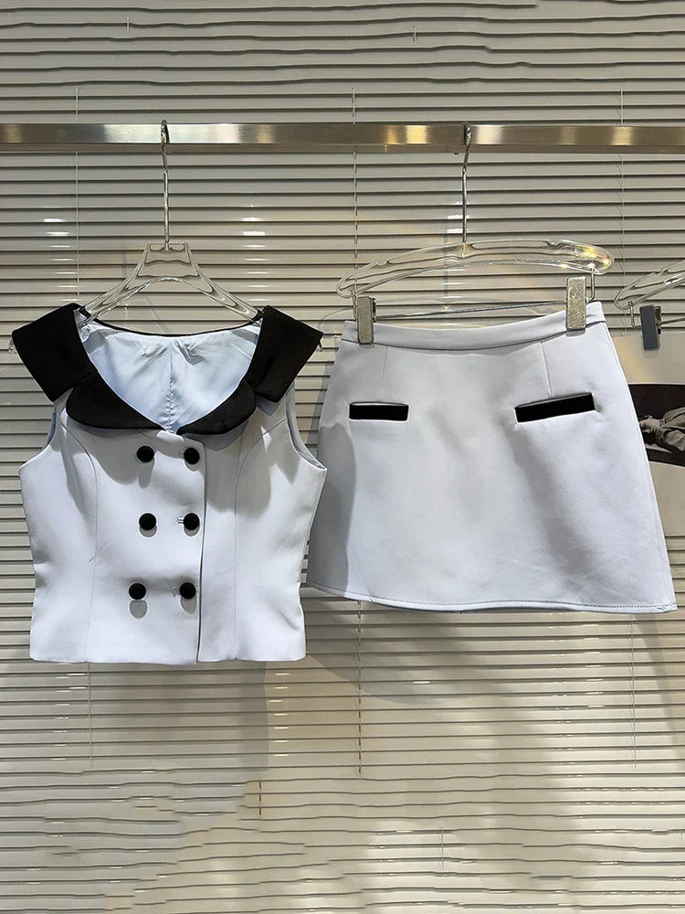 Pydshop Contrast Short Sleeve Buttoned Vest Top And Mini Skirt Set