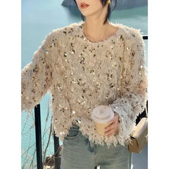 Pydshop Korean Chic Sequin Tassel Sweaters Mujer 2024 Autumn New O-neck Plush Knitted Pullover Y2k E-Girl Long Sleeve Tops Women