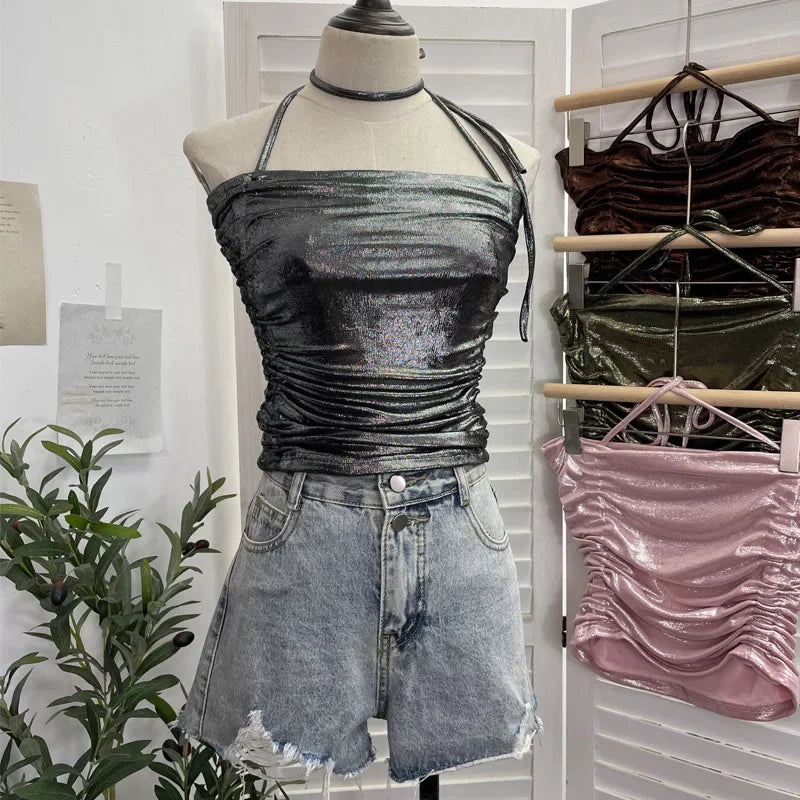 Pydshop Women's Sexy Pleated Halter Neck Gilt Sleeveless Short Camisole Y2K Tube Top Casual PartyClub Streetwear Essential Outfits 1368