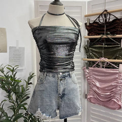 Pydshop Women's Sexy Pleated Halter Neck Gilt Sleeveless Short Camisole Y2K Tube Top Casual PartyClub Streetwear Essential Outfits 1368