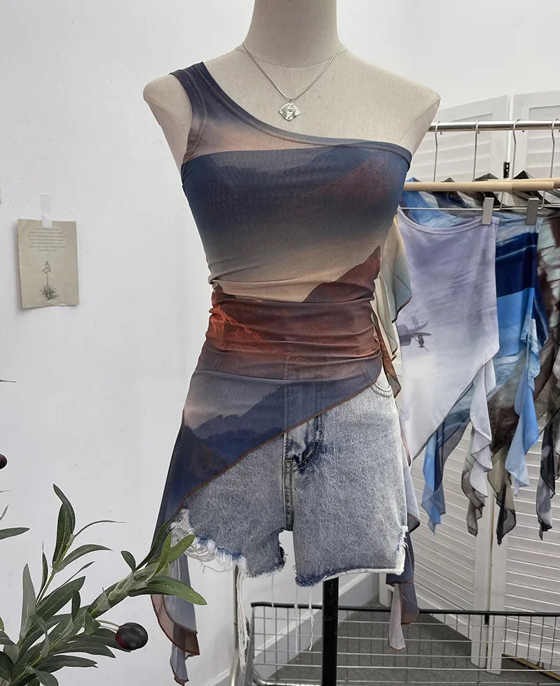 Pydshop Ladies Off-shoulder Camisole Slim Fit Vest Hot Girl Sexy Tie-Dye Mesh Irregular Ribbon Tank Top Ruffled Party Leisure Essential
