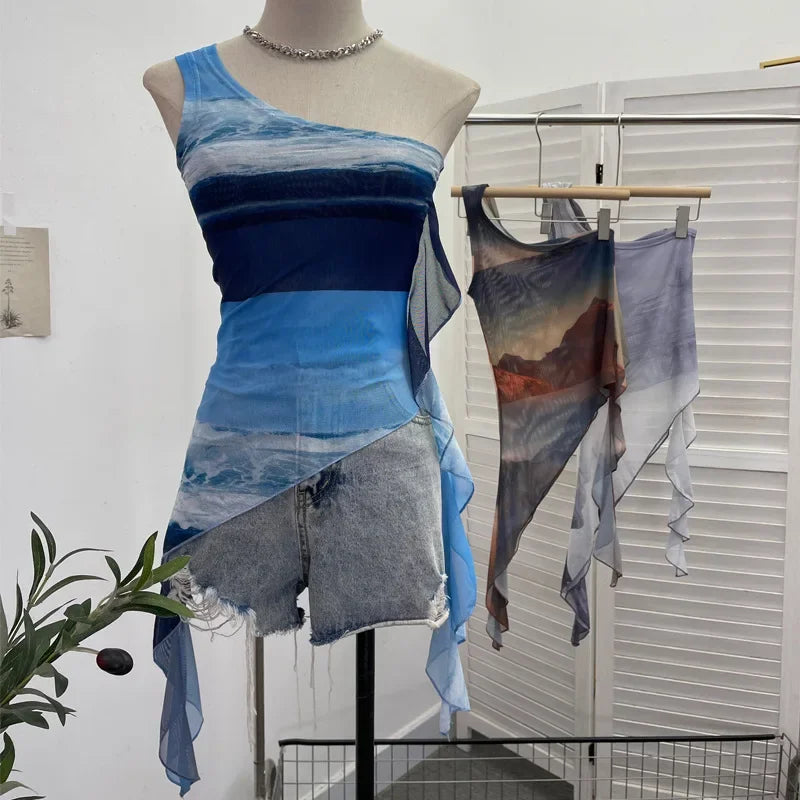 Pydshop Ladies Off-shoulder Camisole Slim Fit Vest Hot Girl Sexy Tie-Dye Mesh Irregular Ribbon Tank Top Ruffled Party Leisure Essential