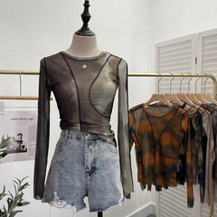 Pydshop Retro Smudged Print Sexy See Through Mesh Bottoming Shirt Slim Long Sleeved Top Y2K T-shirt Party Leisure Essential Streetwear