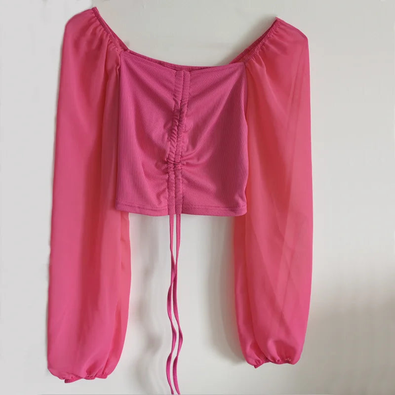 Pydshop Horetong Women's Sexy V-neck Off-Shoulder Blouses Summer Drawstring Bandage Long Sleeve Tops Ladies Korean Fashion Short Clothes