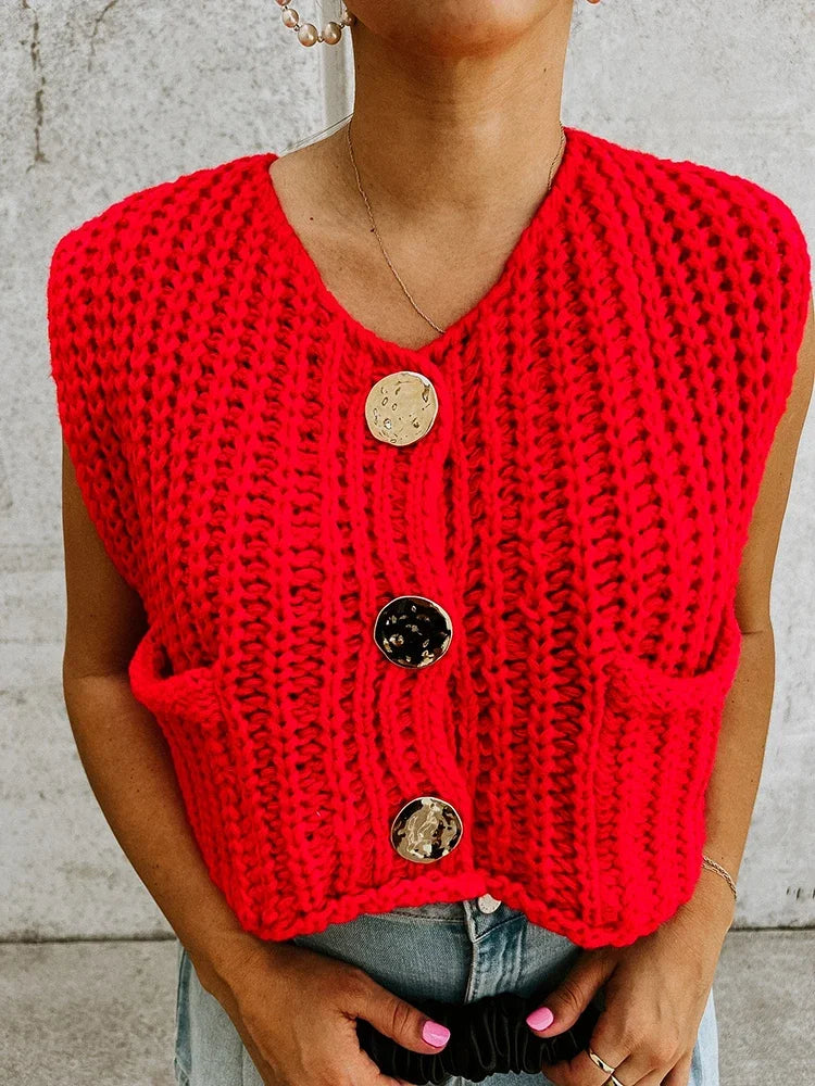 Pydshop Fashion Sleeveless Knitted Cardigan Vests For Women Autumn New Short Sweater Button With Pockets Solid Color Knitted Top