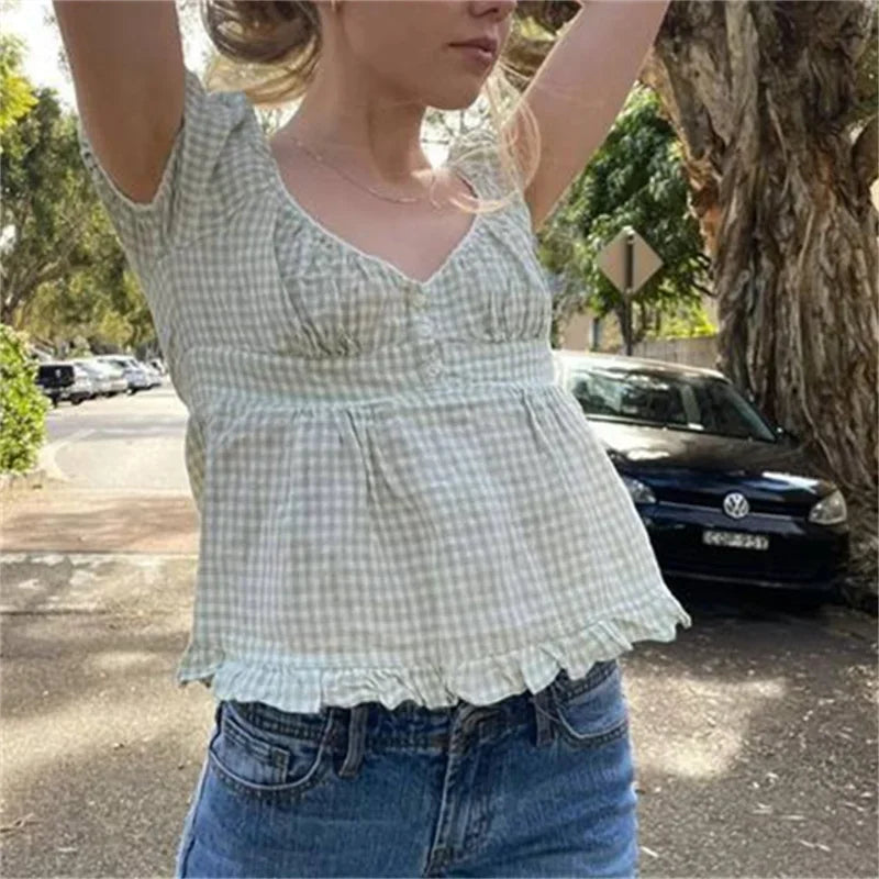 Pydshop Gingham Crop Top Women Fairy Grunge Lace Trim Short Sleeve Shirt Y2k Aesthetic Square Neck T-Shirt 90s Vintage Shirt Streetwear