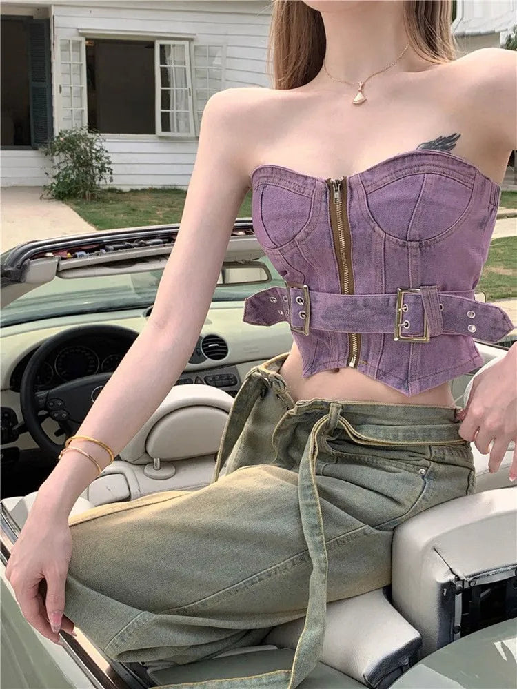Pydshop Spring Outfit Korean style Fashion Sweet Sexy Retro Version Denim Strapless Tank Top for Summer Women Vests Skinny Crops Top