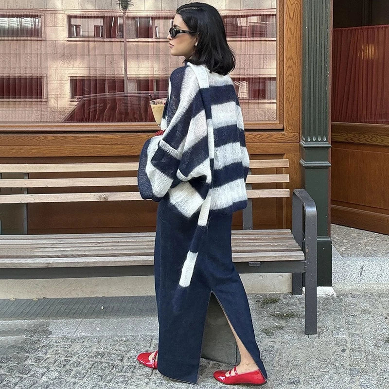 Pydshop Fashion Striped Sweater Cardigan With Scarf Female Loose Thin Hollow Knitted Top Lantern Sleeve Contrast Color Retro Top