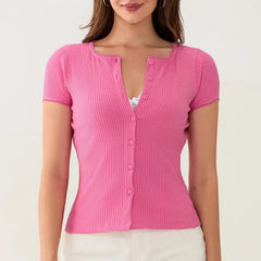 Pydshop Women Button Up Ribbed Kint Sweater Picot Trim Cap Short Sleeve Shirt Slim Fit Open Front Casual Cardigan Tops