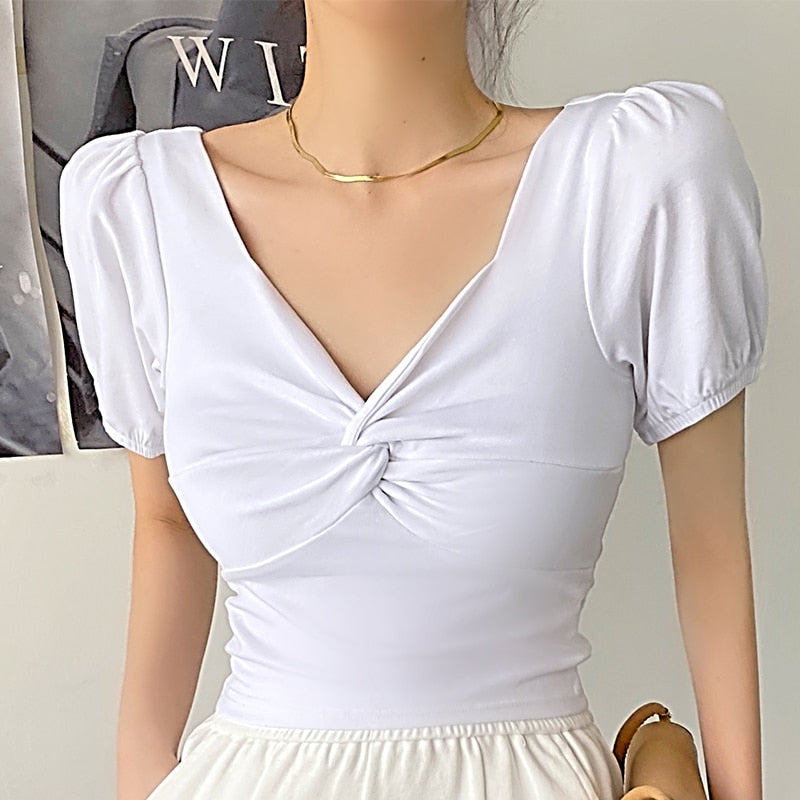 Pydshop  Sheath Puff Sleeved Crop Top Fashion Ladies Cross Kink V-neck T-shirts 2022 Summer Chic Black Slim Woman Tops