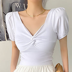 Pydshop  Sheath Puff Sleeved Crop Top Fashion Ladies Cross Kink V-neck T-shirts 2022 Summer Chic Black Slim Woman Tops