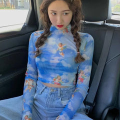 Pydshop New Arrival Women Angel Tee Sexy Women T Shirt See Through Transparent Mesh Top Long Sleeve Sheer Slim Ladies Turtleneck Blouse