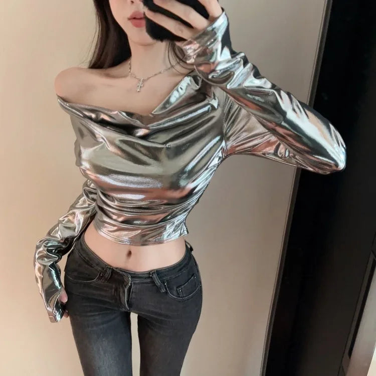 Pydshop Fashion Swing Neck Silver Long Sleeved Tops Mujer 2024 Spring Autumn New T-shirt for Women Y2k Slim Fit  Sleeve Tee Shirt