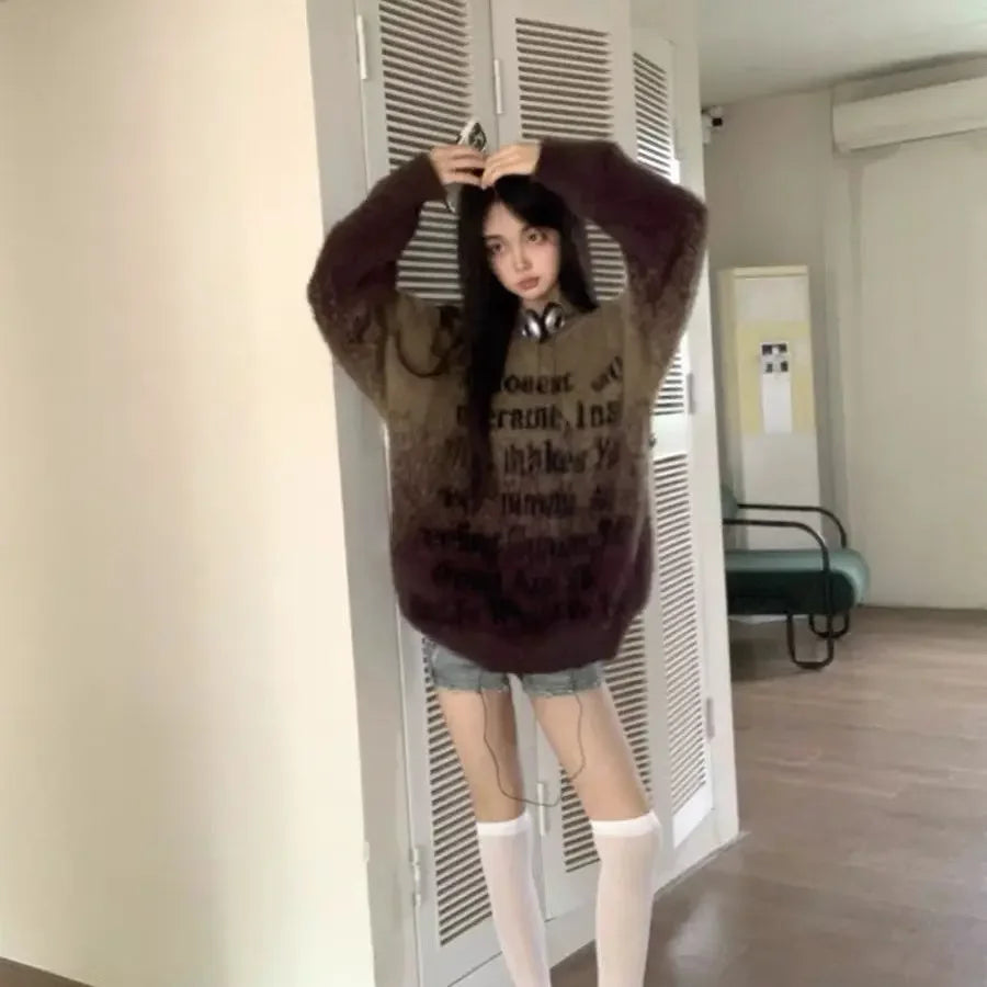 Pydshop  -  Gradient Sueter Mujer Women Autumn Letter Long Sleeve Top Oversized Sweater Women Jumper Casual Outfit Korean Y2k Clothes
