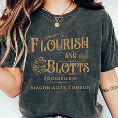Pydshop Flourish And Blotts Tshirt 100% Cotton Washed Distressed Top Dark College T Shirt Subtle Bookish Merch Y2K Top