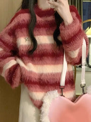 Pydshop Vintage Red Striped Gradient Mohair Lazy Sweater Autumn Winter New Knitted Pullover Y2k O-neck Long Sleeve Loose Tops Mujer