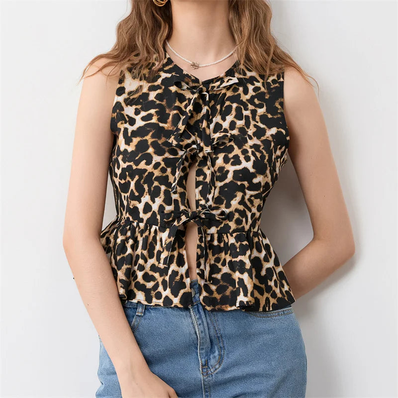 Pydshop Fashion Leopard Print Tie Front Vest for Women Y2k Cheetah Print Peplum Tank Top Ruffle Hem Sleeveless Going Out Wear