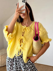 Pydshop Lace Up Knitted Cardigan Top For Women Sexy Cut Out Petal Sleeves Loose Sweater Outwear Female Solid Color Autumn Fashion