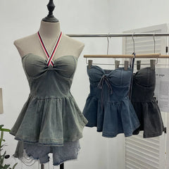 Pydshop Women's Button Down Padded Denim Tube Top With Bow Tie Halterneck Short Puffy Top BacklesVintage Harajuku Streetwear Tank Tops