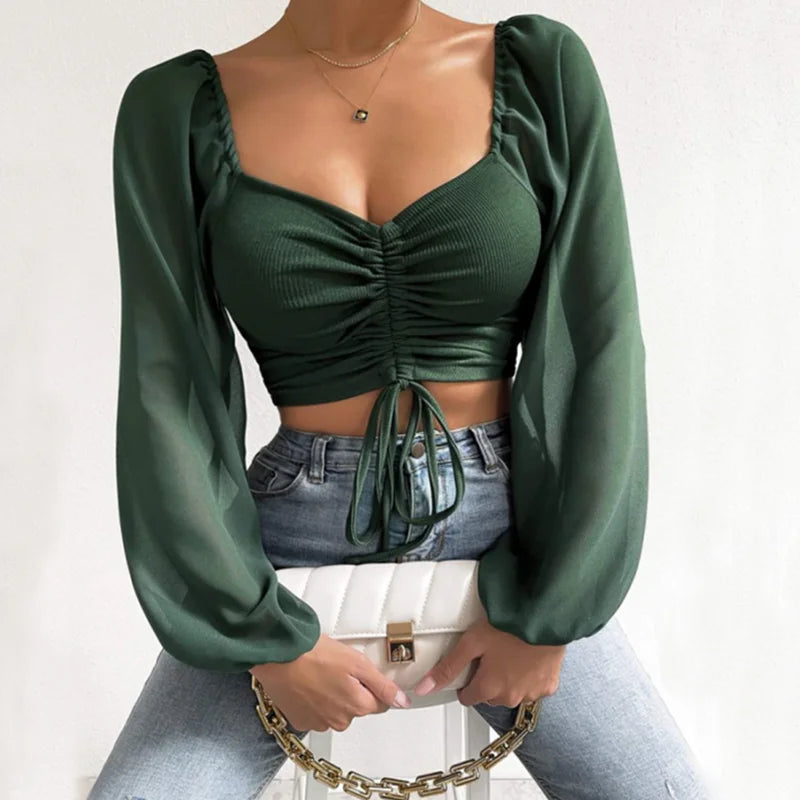 Pydshop Horetong Women's Sexy V-neck Off-Shoulder Blouses Summer Drawstring Bandage Long Sleeve Tops Ladies Korean Fashion Short Clothes
