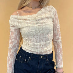 Pydshop Women Autumn Off Shoulder Long Sleeve T Shirts Lace Floral See Through Boat Neck Shirts Spring Casual Slim Fit Tops Streetwear