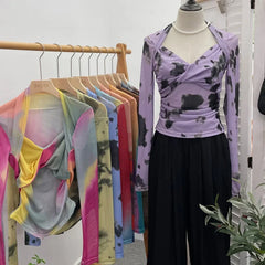 Pydshop Retro Tie Dye Print Halter Neck Bottoming Long Sleeve Top Sexy Hot Girl V Neck Pleated T-shirt Slim Mesh Y2K Top Essential 8929