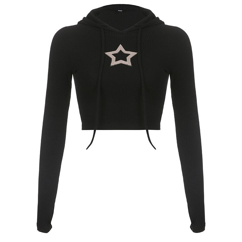 Pydshop Knitted Star Patches Hooded Crop Top