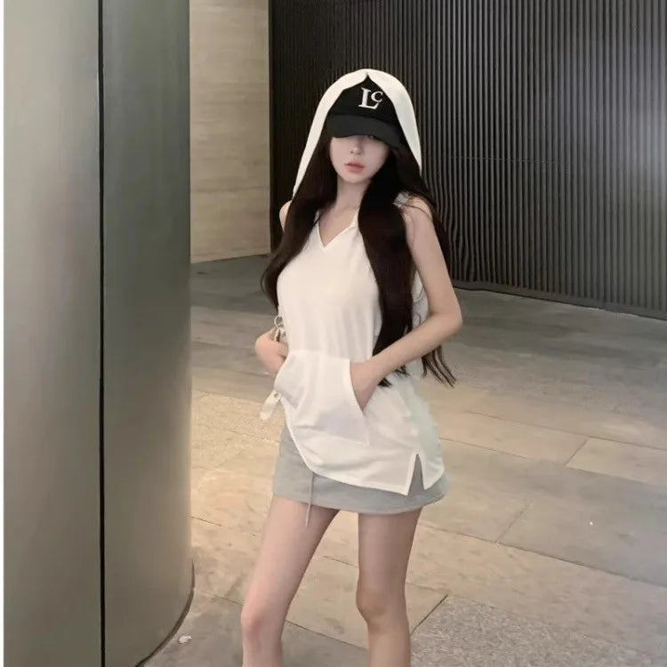 Pydshop American White Sleeveless Hooded T-shirt for Women 2024 Sumemr New  Tops Mujer Y2k Grunge Slim Fit  Tee Shirt
