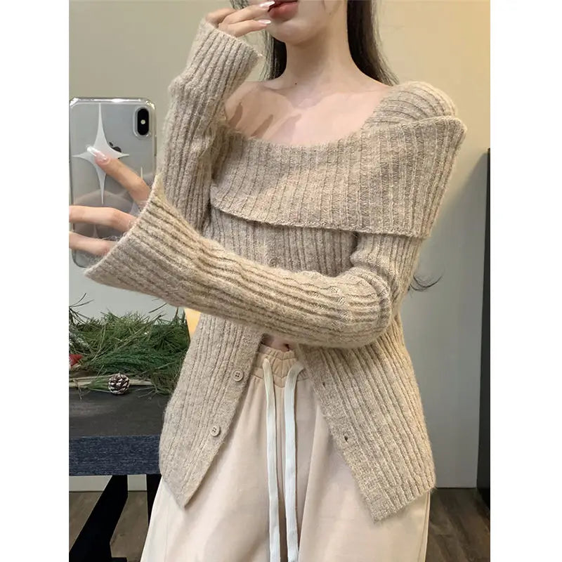 Pydshop  Korean Gray Off Shoulder Knit Sweater Women Old Money Style Long Sleeve Jerseys Y2K Gyaru Slash Neck Basic Jumper Tops