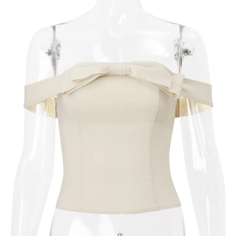Pydshop Apricot Open-Shoulder Bow Lace Up Top