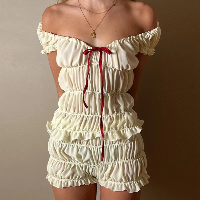 Pydshop Kawaii Pajamas Women Y2K Outfits Cottage Lounge Vintage Ruched Off Shoulder T-shirt Crop Tops + Shorts 2000s Retro 2 Piece Set