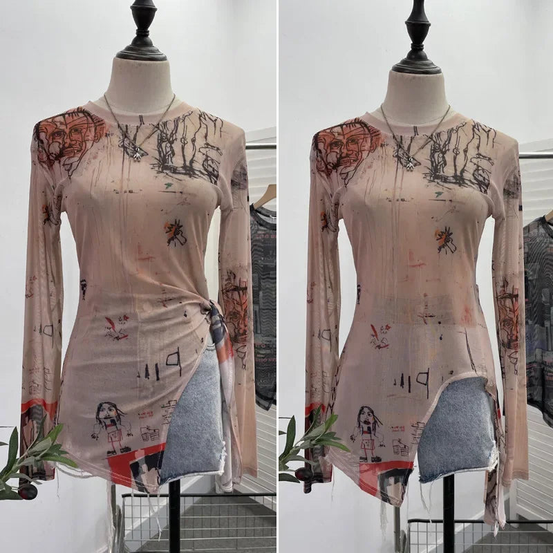 Pydshop Women's Retro Tie Dye Printed Mesh Bottoming Long Sleeve Top Sexy See-through Irregular Strappy Short T-Shirt Party Streetwear