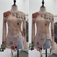 Pydshop Women's Retro Tie Dye Printed Mesh Bottoming Long Sleeve Top Sexy See-through Irregular Strappy Short T-Shirt Party Streetwear