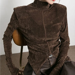 Pydshop Front Side-slit Solid Color Soft Long Sleeve Top