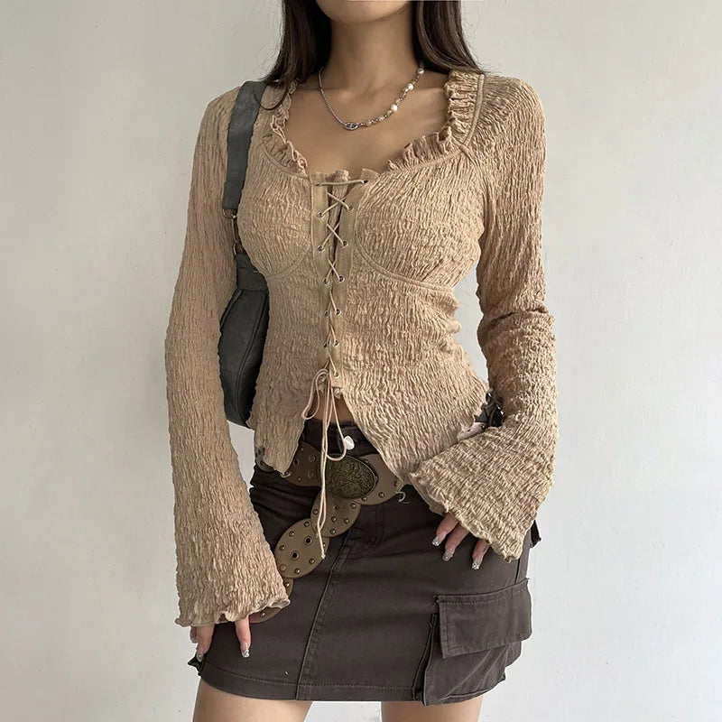 Pydshop 2024 Fashion Woman tops y2k style Vintage Square Neck Ruffles  Lace Top