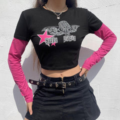 Pydshop Street Goth Rock Retro Harajuku Punk Star Print Rundhalspullover Kurzarm Kurzer Nabel Hohe Taille Top Damenbekleidung Y2K