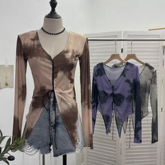 Pydshop Retro Hot Girl Tie Dye Printed Long Sleeve Shirt V-neck Lace Up Irregular Shoulder Pads T-shirt Short Top Casual Streetwear 2622