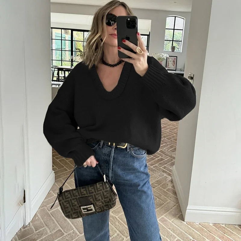 Pydshop Fashion Casual Round Knit Sweater For Women Solid Color Loose Autumn 2024 New Pullovers Long Sleeve Female Knitted Top