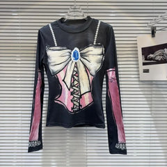 Pydshop Spring Autumn New Bottoming T-shirts Colorful Hand Drawn Bow Print O-neck Tee Shirt Y2k Slim Fit Long Sleeve Tops Women