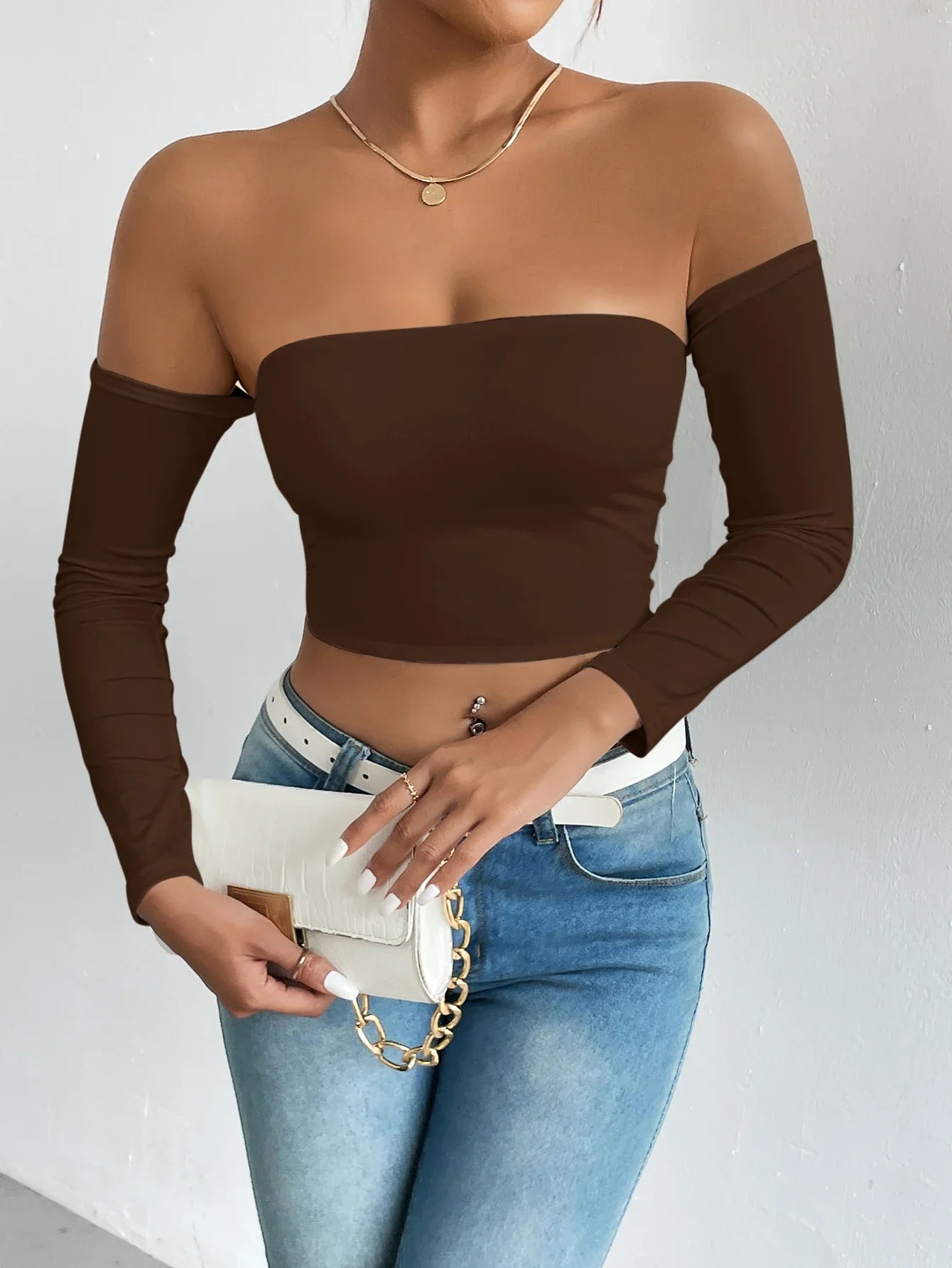 Pydshop Off Shoulder Crop T-Shirt, Casual Long Sleeve Top For Spring & Fall, Women's Clothing