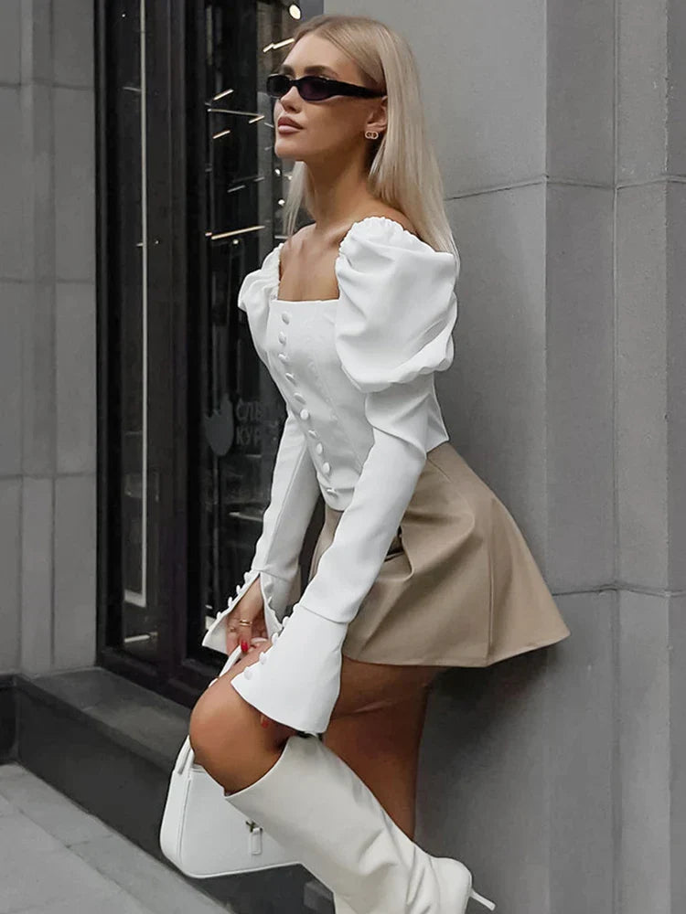 Pydshop Flare Puff Sleeve Open Shoulder White Top