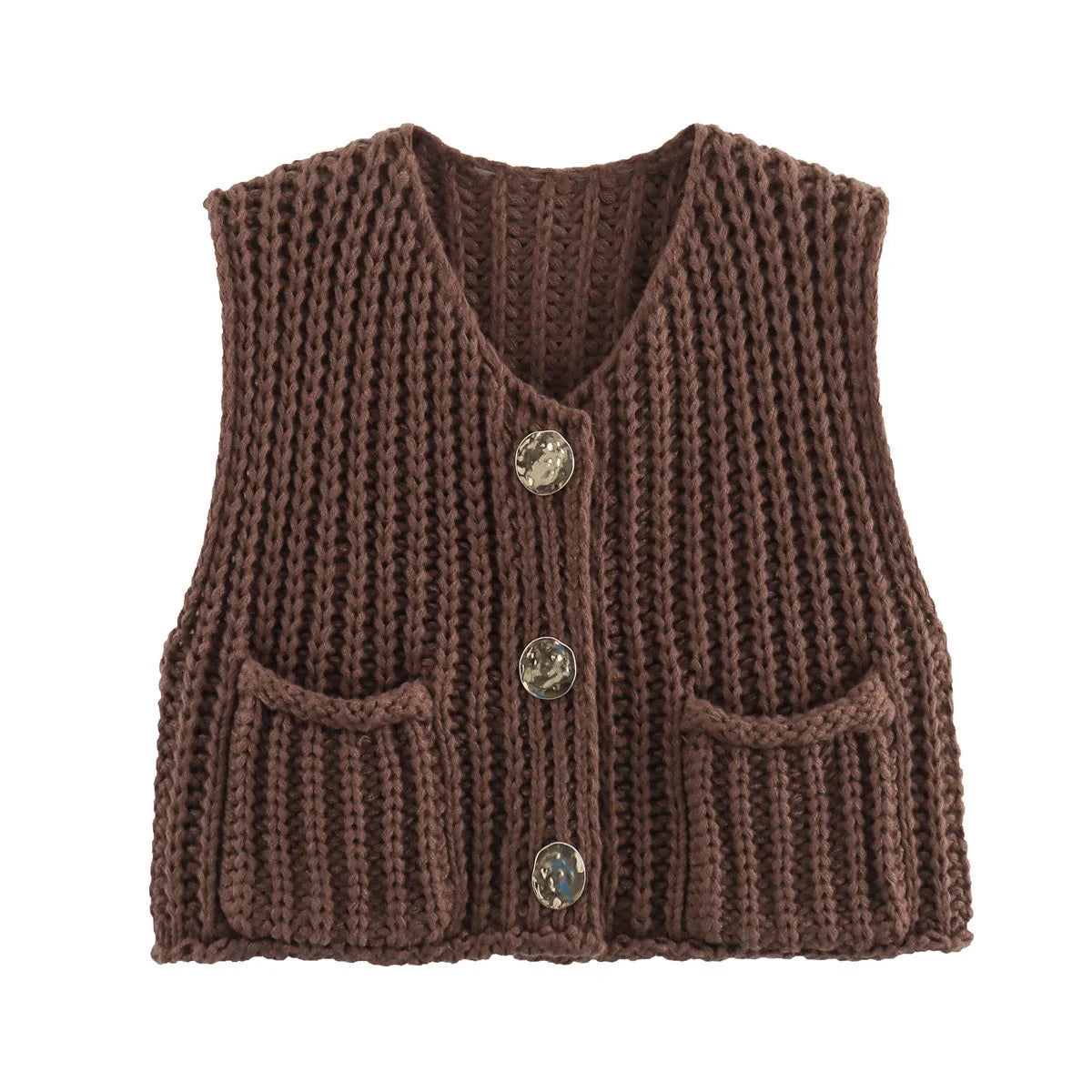 Pydshop Fashion Sleeveless Knitted Cardigan Vests For Women Autumn New Short Sweater Button With Pockets Solid Color Knitted Top