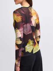 Pydshop Y2K Vintage Mesh Long Sleeve T-shirt Floral Printed Women's Clothing Crew Slim Top Blouses Harajuku  2025 Fall Spring Street Tee