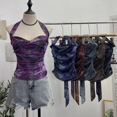 Pydshop Tie Dye Denim Print Pleated Mesh Camisole Women's Halter Tie Bow Halter Crop Top Cute Party Sweats Holiday Mini Vest Summer Tee