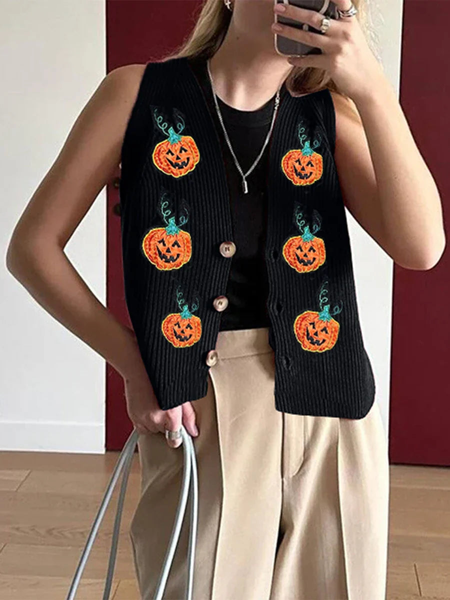 Pydshop Halloween Sweater Vest for Women Vintage Embroidered Pumpkin Face Button Crochet Tank Y2K Spooky Knit Vest Tops
